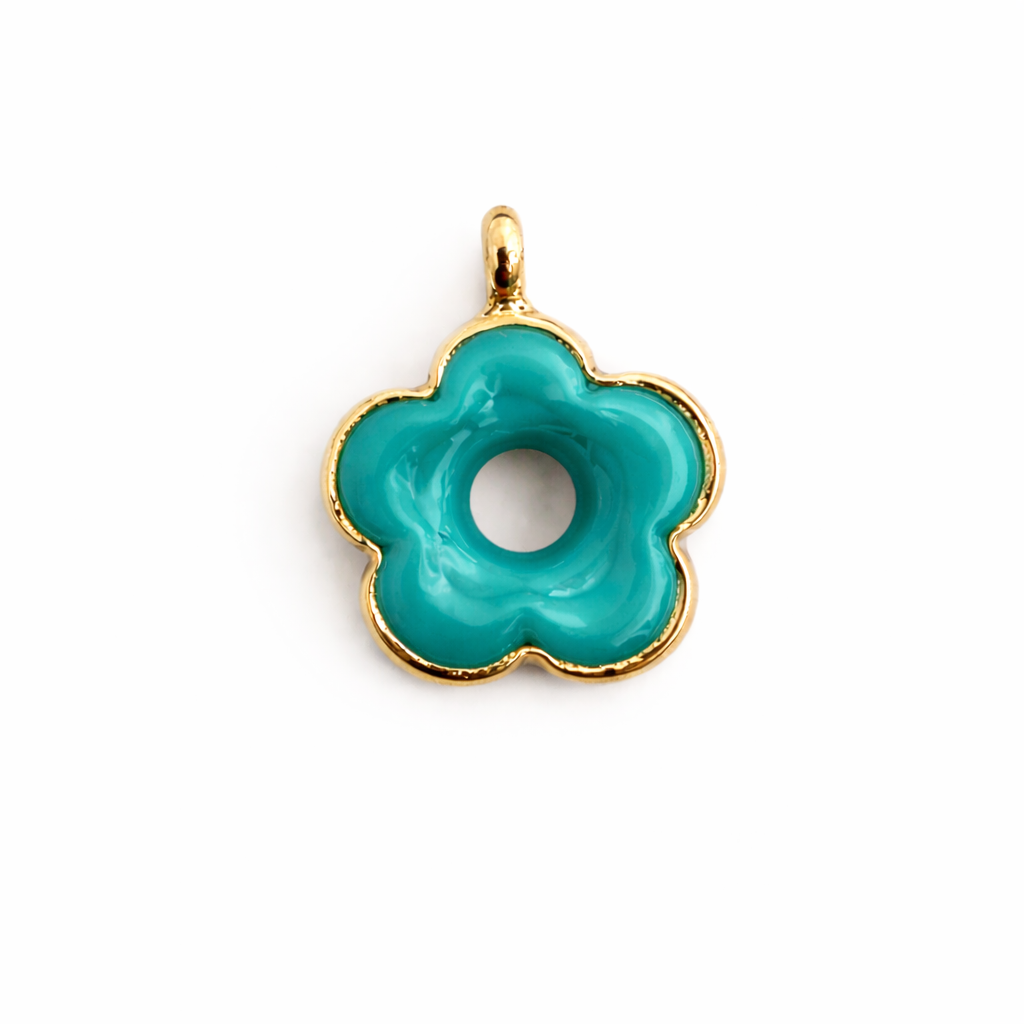 21957 Turquoise Murano Flower Charm with Gold Trim